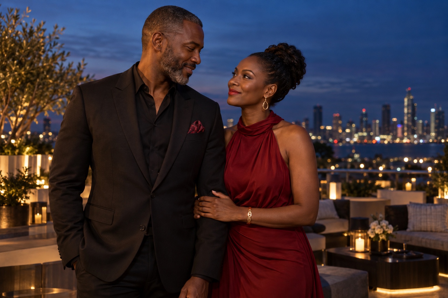 A mature African-diaspora couple sharing a quiet moment on a city rooftop at dusk